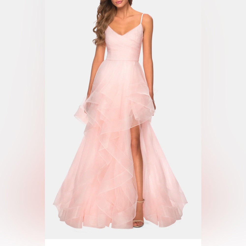 La Femme Ruffled V neck Dress with slit